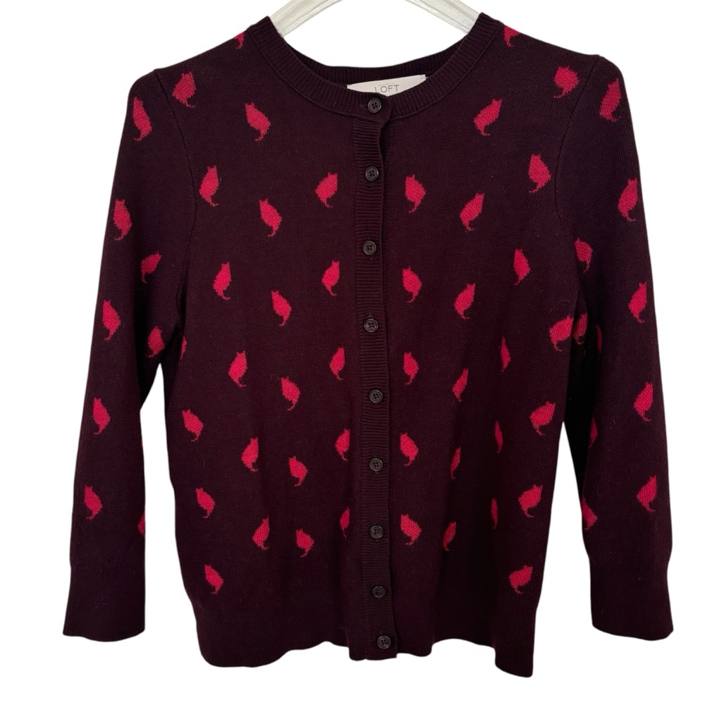 Burgundy Cardigan w/ Pink Cats Ann Taylor Loft Size M